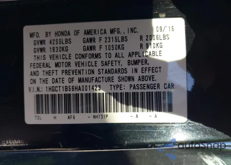 2017 Honda Accord Ex из США, поврежденный, VIN 1HGCT1B56HA001423